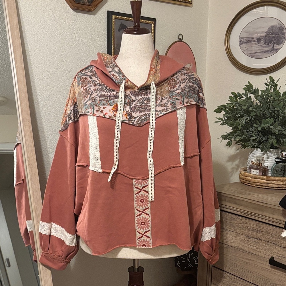 POL Boho Patchwork Hoodie with Floral Accents